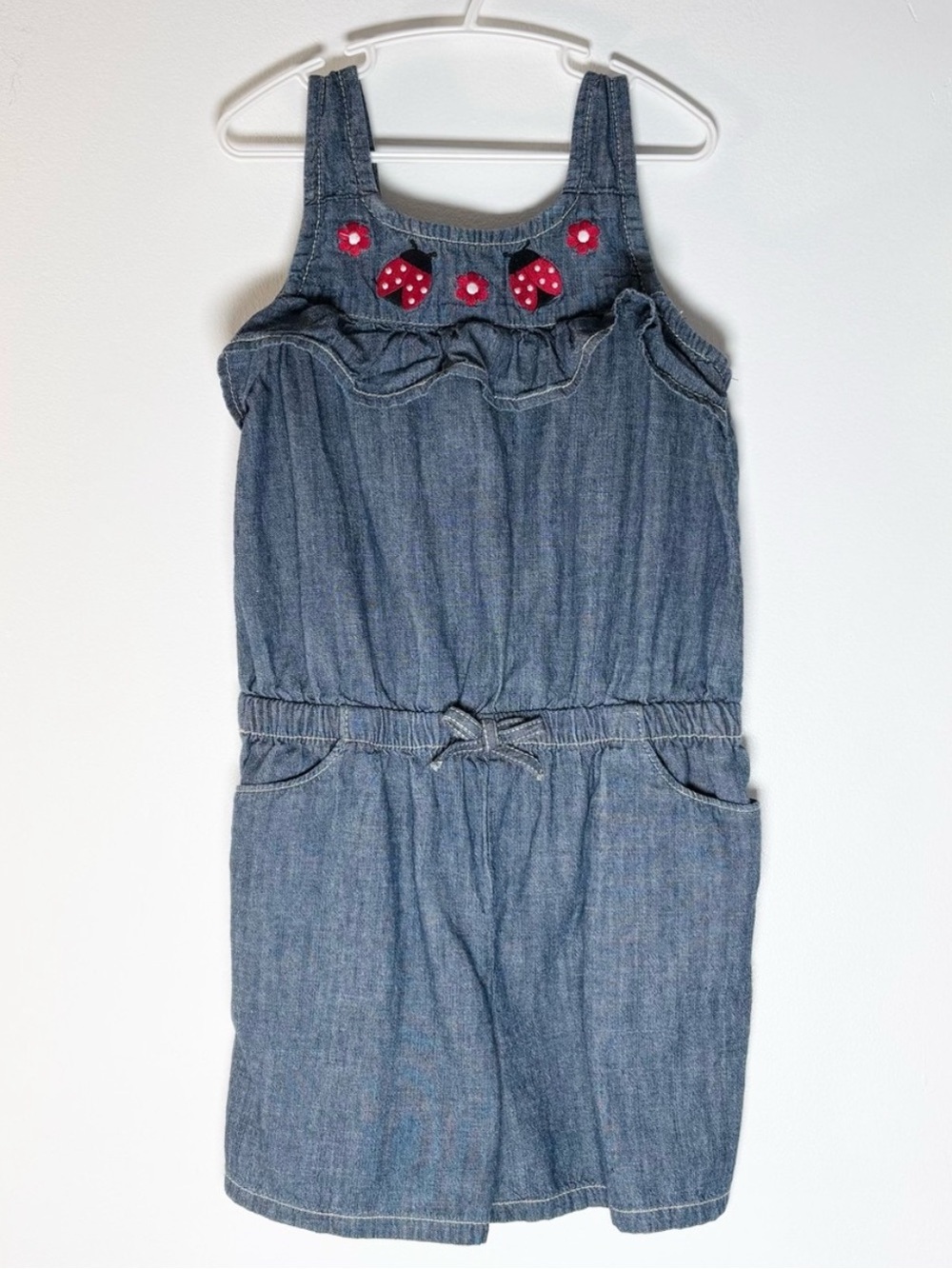 Cottagecore Gymboree Girls Chambray Ladybug Embroidered Ruffle Romper Size 10